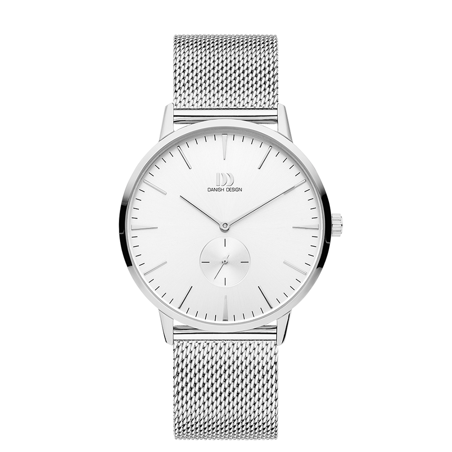 Silberne Herrenarmbanduhr mit weißem Zifferblatt und Milanese-Armband, Petite-Sekunde