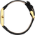 Damenuhr-Ansicht: schwarzes Lederarmband mit Goldgehäuse und seitlicher Krone