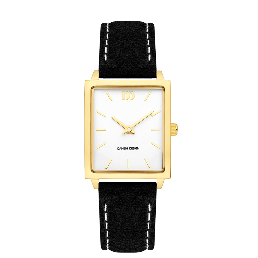 Damenuhr mit rechteckigem Goldgehäuse, schwarzem Lederarmband und weißem Zifferblatt