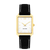 Damenuhr mit rechteckigem Goldgehäuse, schwarzem Lederarmband und weißem Zifferblatt