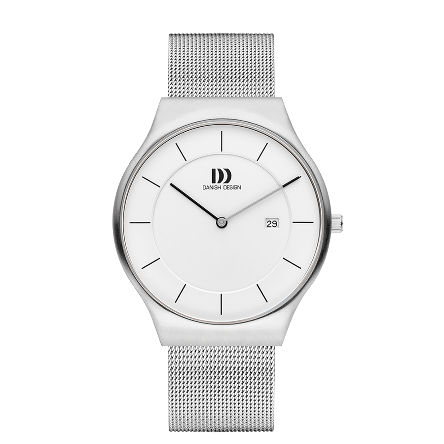 Herrenarmbanduhr mit silbernem Milanaise-Armband, rundem Gehäuse und weißem Zifferblatt