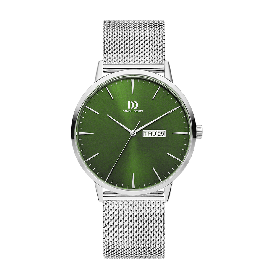 Herren-Uhr mit grünem Sunburst-Zifferblatt, Edelstahl-Meshband, Tages-/Datumsanzeige