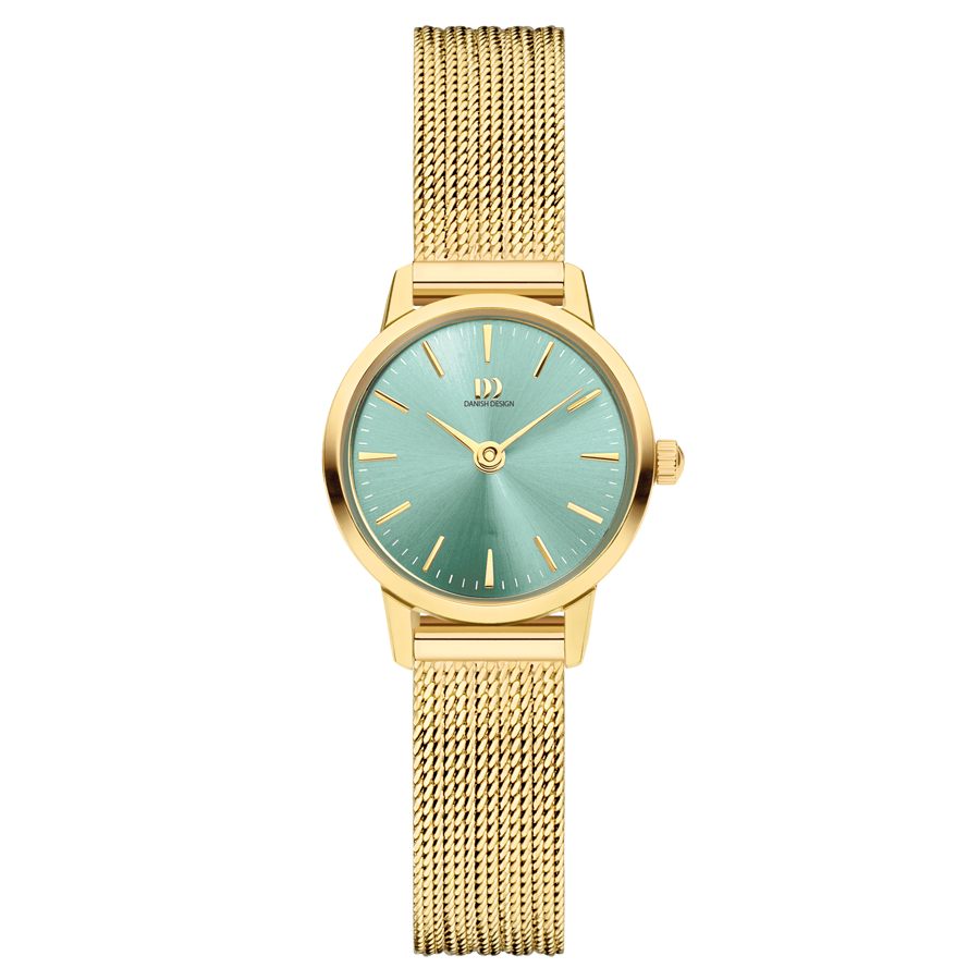Damenarmbanduhr: goldfarbenes Mesh-Armband, rundes salbeigrünes Zifferblatt