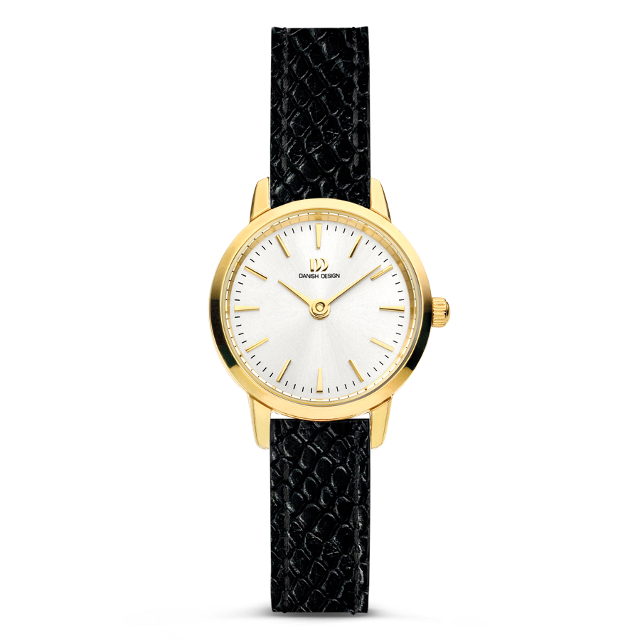 Damenuhr mit goldenem Gehäuse, weißem Zifferblatt und schwarzem Lederarmband