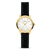 Damenuhr mit goldenem Gehäuse, weißem Zifferblatt und schwarzem Lederarmband