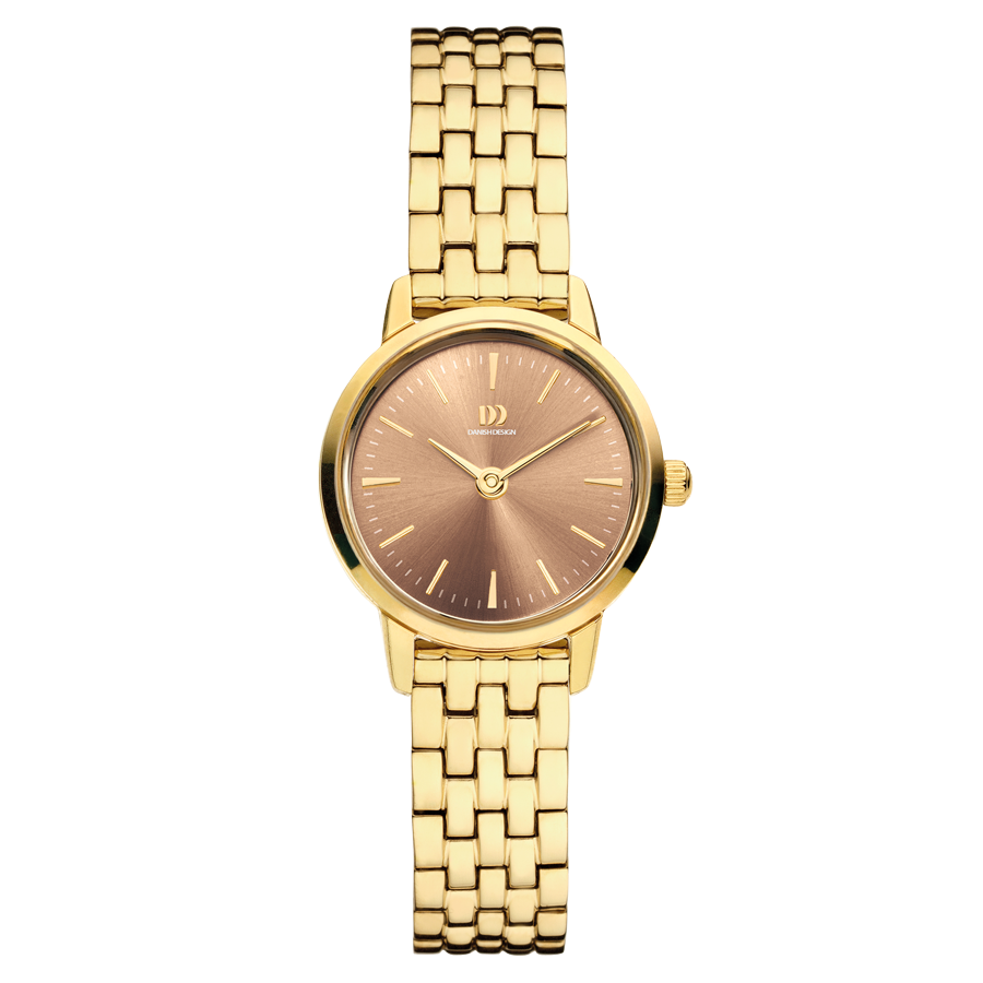 Damenuhr mit goldfarbenem Metallgliederarmband und rundem dunkelbraunem Zifferblatt