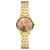 Damenuhr mit goldfarbenem Metallgliederarmband und rundem dunkelbraunem Zifferblatt