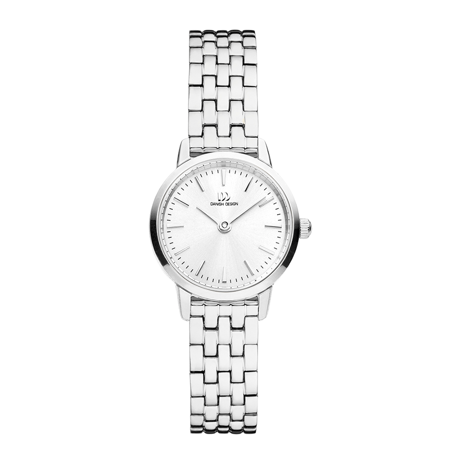 Silberne Damenuhr mit weißem Zifferblatt und Metall-Gliederarmband