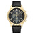 Herrenchronograph: schwarzes Zifferblatt, goldfarbenes Gehäuse, schwarzes Lederarmband