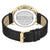 Herrenarmbanduhr mit schwarzem Lederarmband und goldfarbener Schließe, Gehäuseboden sichtbar