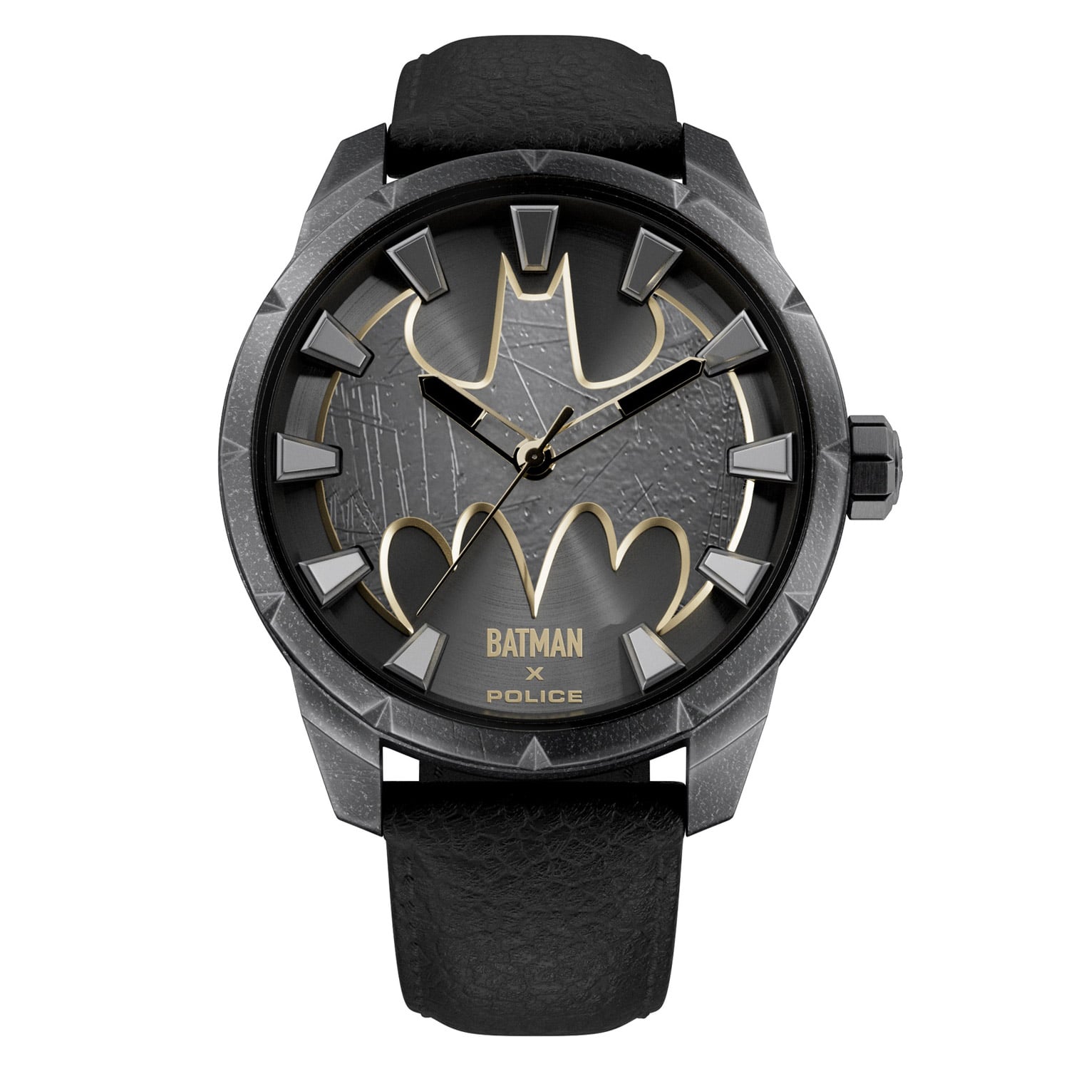 Grau-schwarze Herrenuhr mit rundem Gehäuse, Batman×Police-Zifferblatt und Lederarmband.