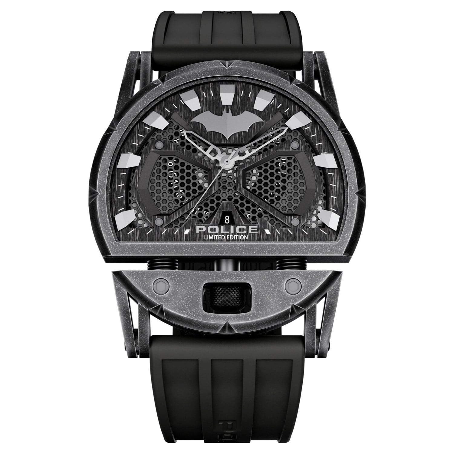 Herrenuhr mit schwarzem Armband und skelettiertem Zifferblatt mit Batman-Motiv
