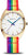 Damenuhr mit goldfarbenem Gehäuse und mehrfarbigem Streifenarmband, weißes Zifferblatt