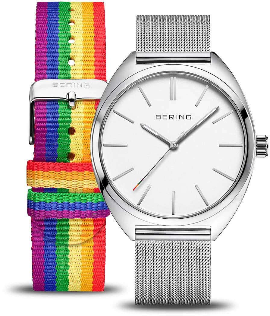 Bering montre avec boîtier argenté, cadran blanc et bracelet textile multicolore