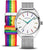 Montre ronde avec cadran blanc, index colorés et bracelet milanais argenté