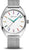 Montre ronde avec cadran blanc, index colorés et bracelet milanais argenté