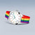 Montre ronde avec cadran blanc, index colorés et bracelet textile arc-en-ciel