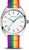 Montre ronde avec cadran blanc, index colorés et bracelet textile multicolore