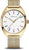 Montre bracelet dorée avec cadran blanc, index multicolores et bracelet milanais