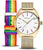 Montre homme avec cadran blanc, boîtier doré et boucle de bracelet en tissu coloré