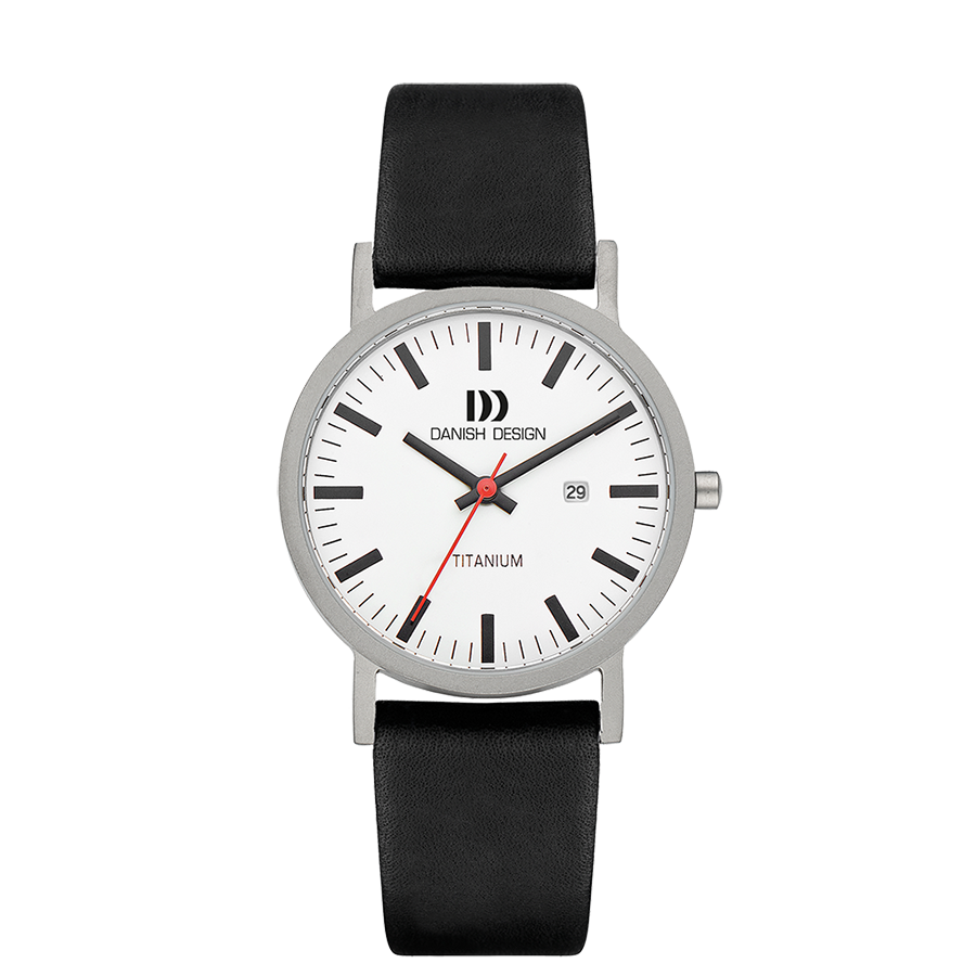 Herrenuhr: schwarzes Lederband, silbernes Titangehäuse, weißes Zifferblatt