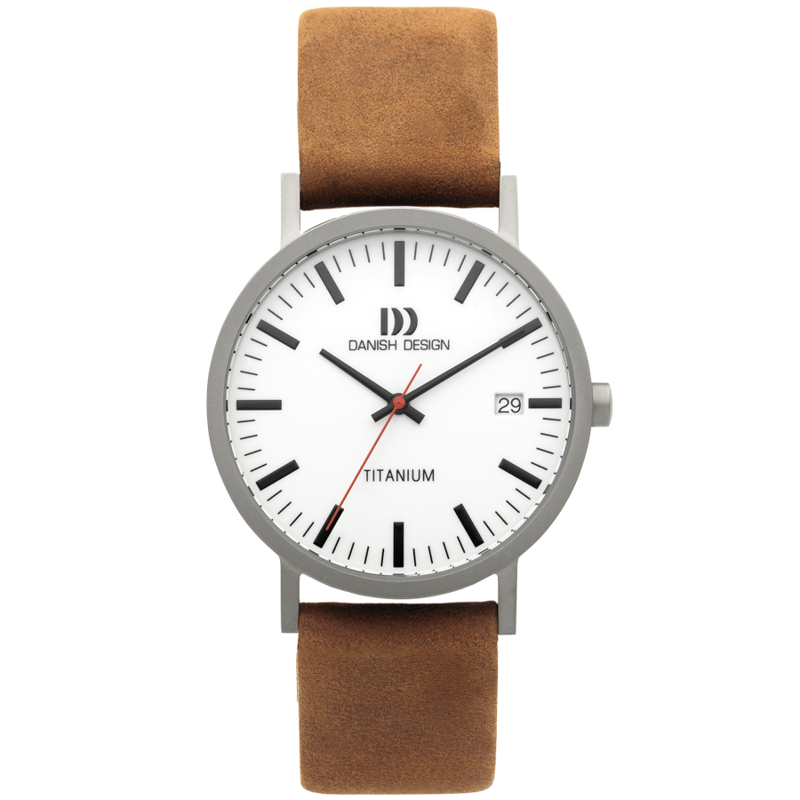 Danish Design Armbanduhr: weißes Zifferblatt, braunes Lederband, Titangehäuse, Datum