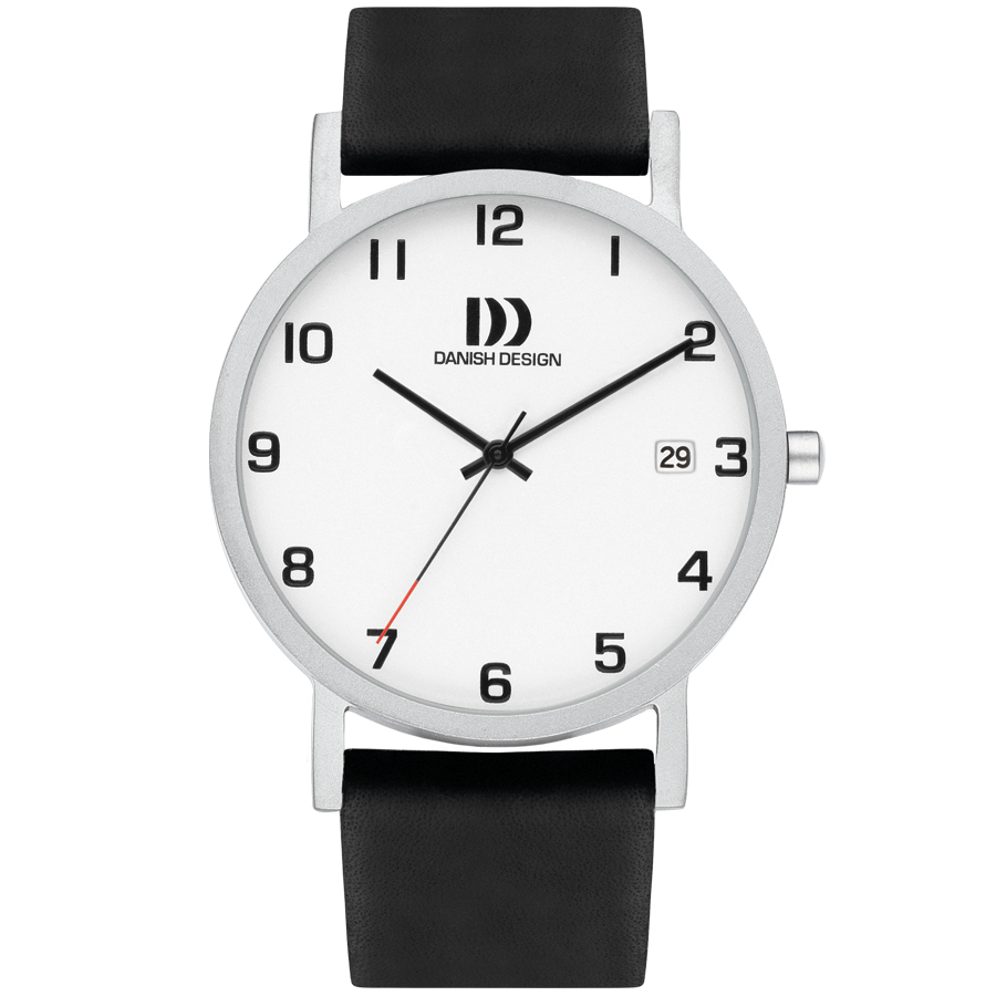 Danish Design Armbanduhr mit silbernem Titangehäuse, schwarzem Lederband und weißem Zifferblatt