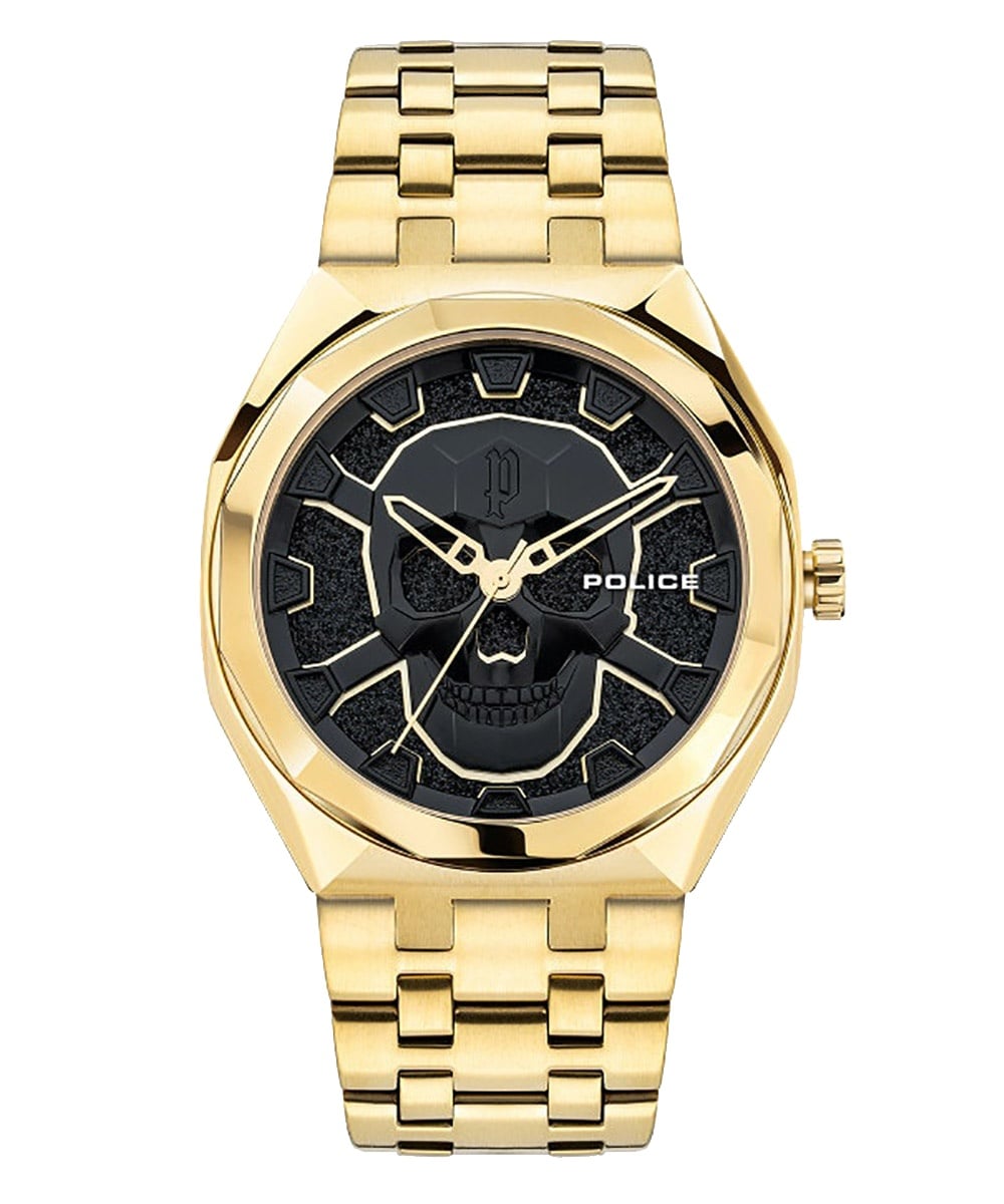 Goldfarbene Herrenuhr mit schwarzem Zifferblatt und Totenkopf-Design, Metallarmband