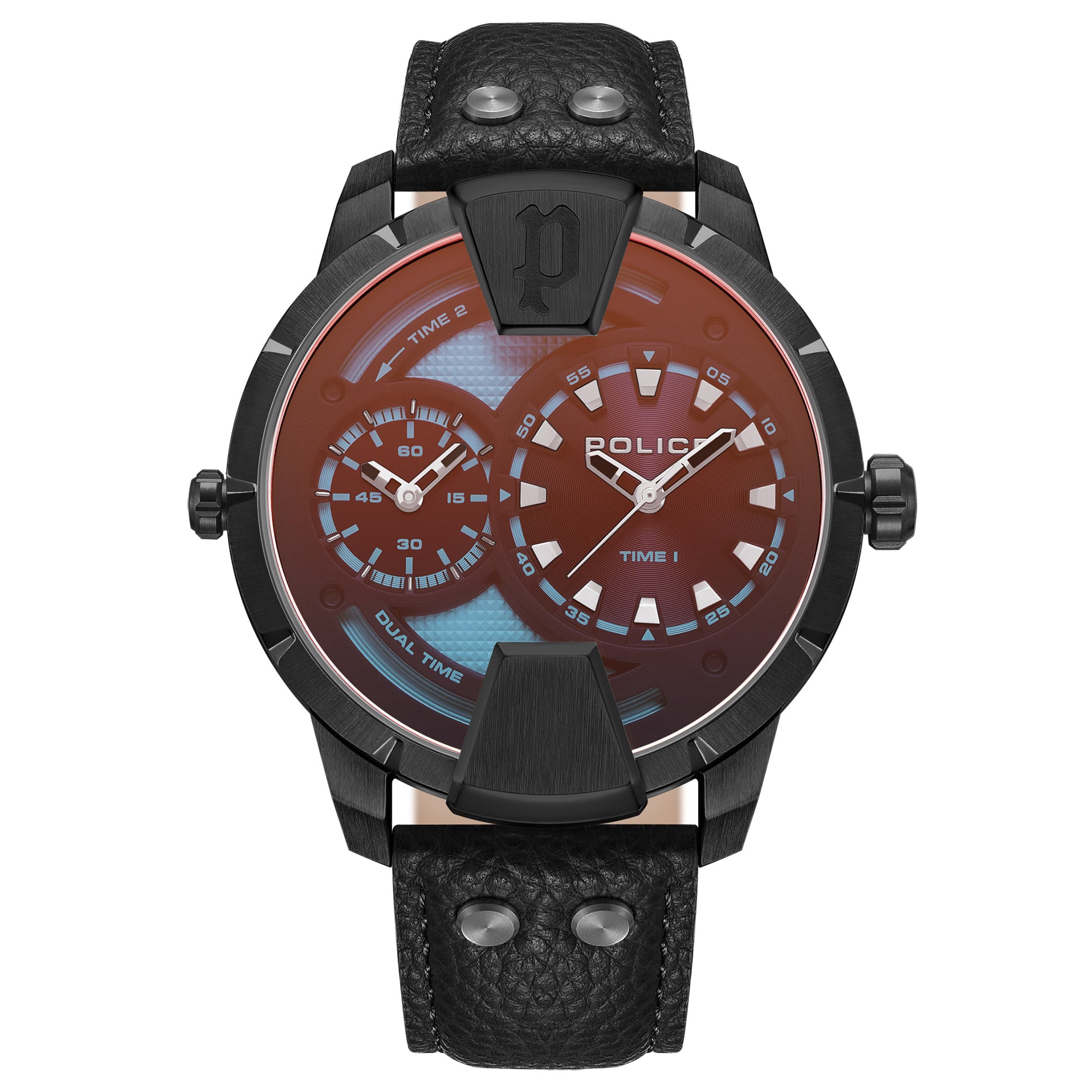 Police Herrenuhr mit schwarzem Lederarmband, schwarzem Gehäuse und orangefarbenem Zifferblatt