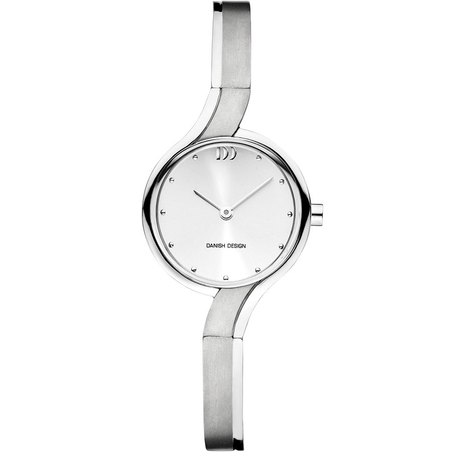Silberne Damenuhr mit rundem Zifferblatt, dünnen Zeigern und Metallarmband