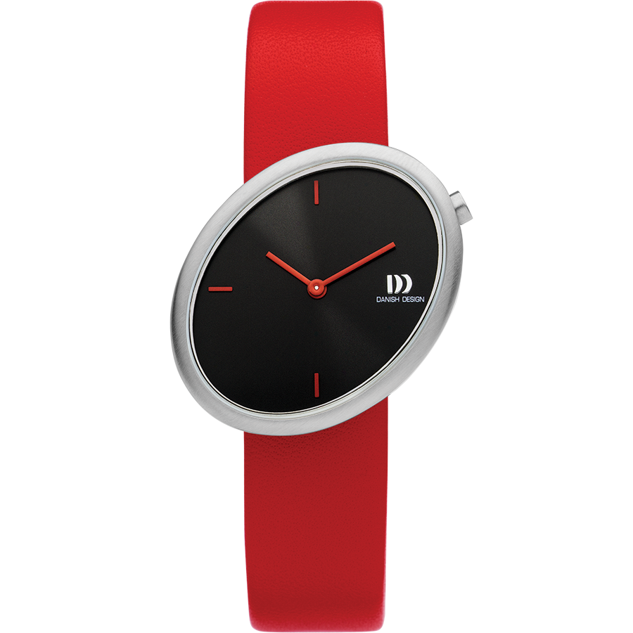 Armbanduhr mit elliptischem Gehäuse, rotem Lederband und schwarzem Zifferblatt