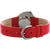 Armbanduhr-Rückseite: rotes Lederband mit Dornschließe und Metallgehäuse