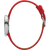 Armbanduhr seitlich mit rotem Lederband und elliptischem Metallgehäuse