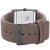 Damenarmbanduhr mit grauem Mikrofaserarmband, Dornschließe und rechteckigem Edelstahlgehäuse