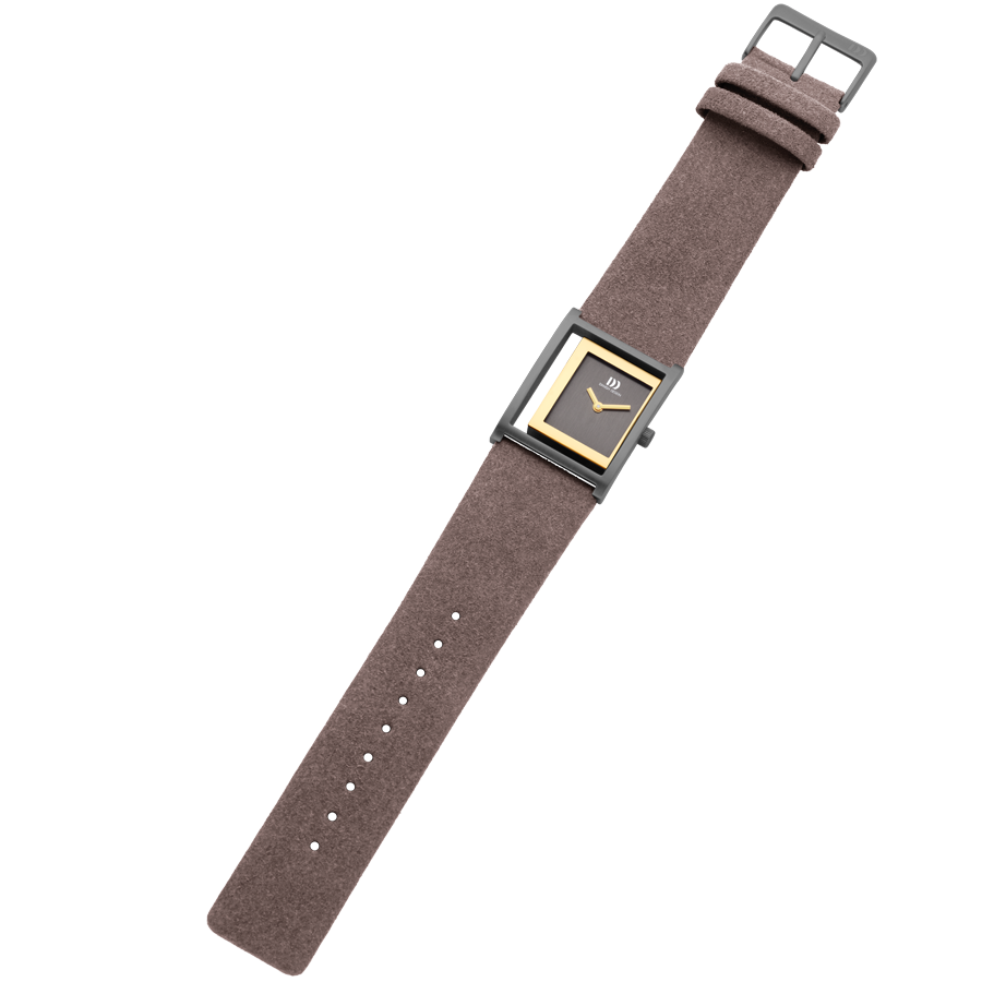 Damenarmbanduhr mit rechteckigem Zifferblatt, grauem Mikrofaserarmband und Schnalle