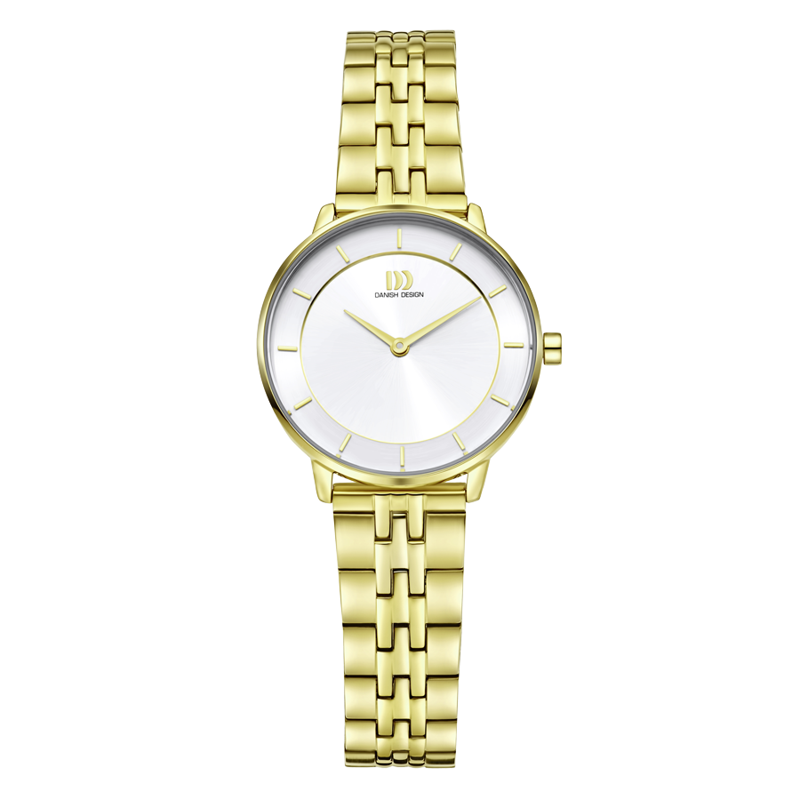 Damenuhr mit goldfarbenem Metallarmband und weißem Zifferblatt, Analoganzeige