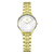 Damenuhr mit goldfarbenem Metallarmband und weißem Zifferblatt, Analoganzeige