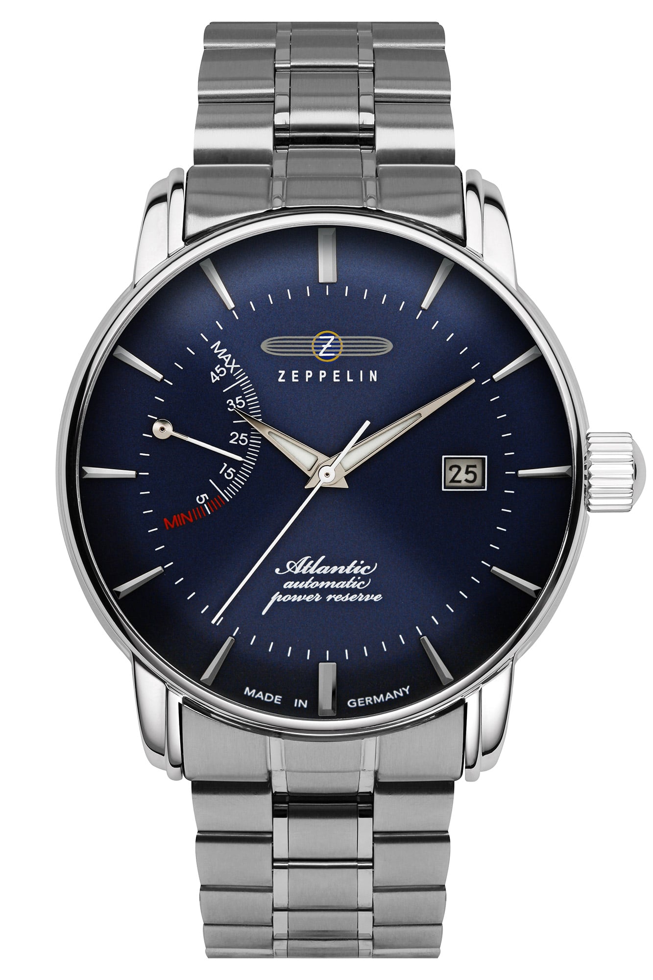 Zeppelin Atlantic Herrenuhr mit blauem Zifferblatt, Automatik und Metallarmband
