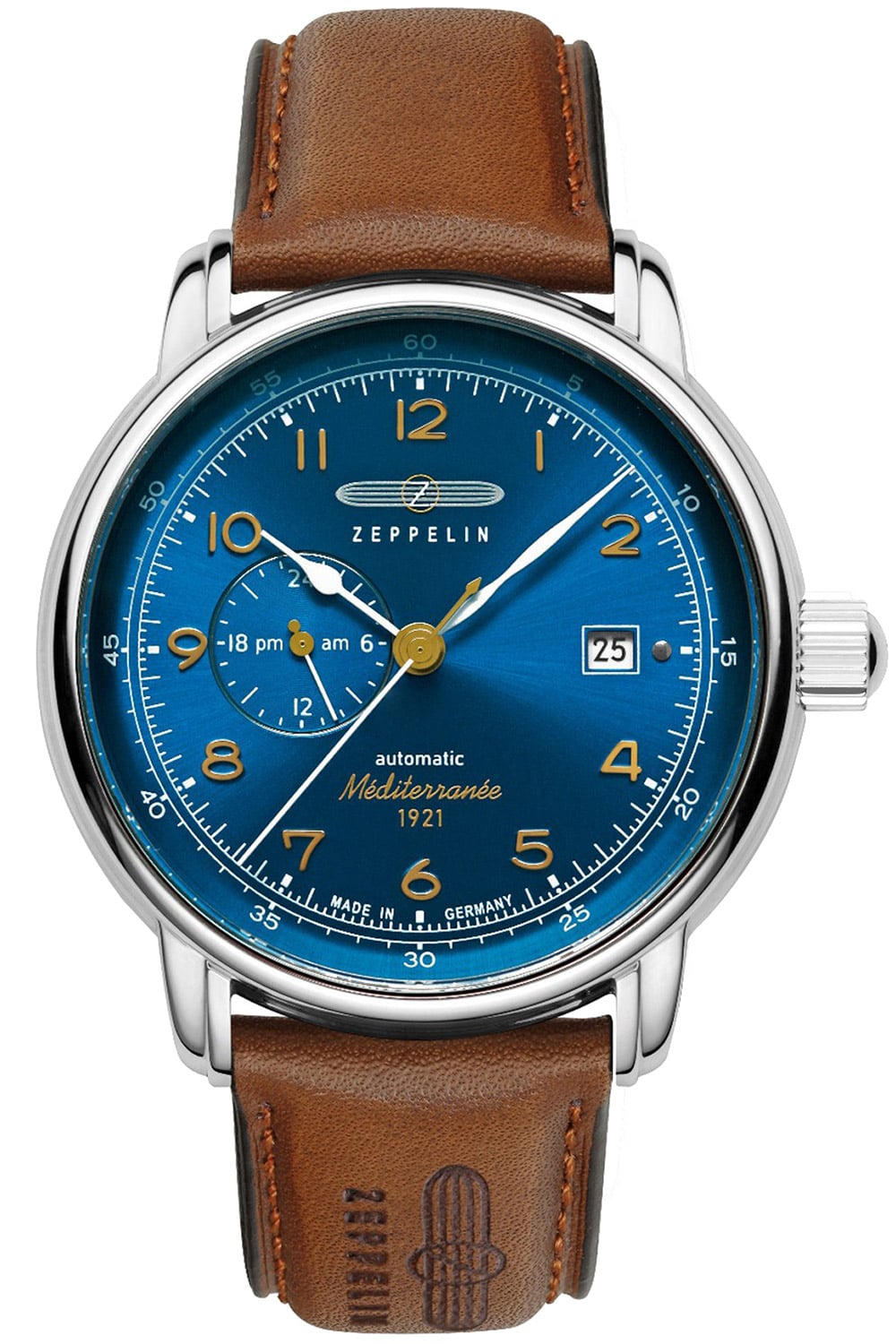 Herrenarmbanduhr mit blauem Zifferblatt, braunem Lederband und Datumsanzeige