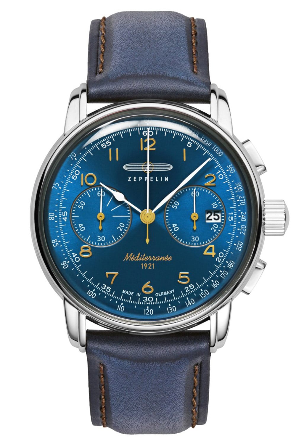 Herren-Chronographenuhr mit blauem Zifferblatt und Lederarmband