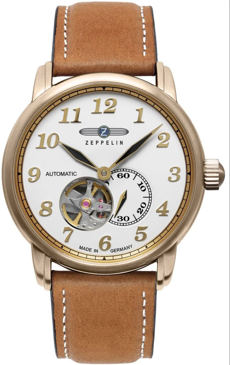 Bracelet de montre pour homme avec cadran blanc, bracelet en cuir marron et lunette dorée