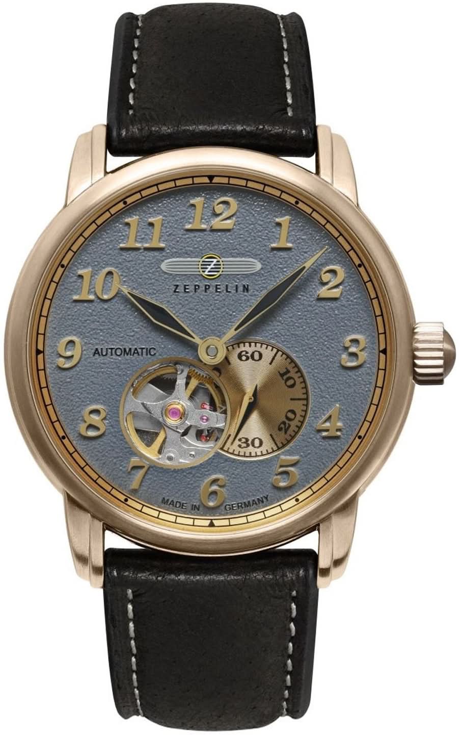 Montre homme : cadran bleu et doré, bracelet en cuir noir, balancier apparent