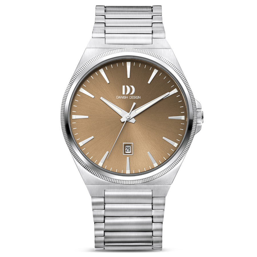 Herrenuhr mit braunem Zifferblatt, Datumsfenster und silbernem Metallarmband