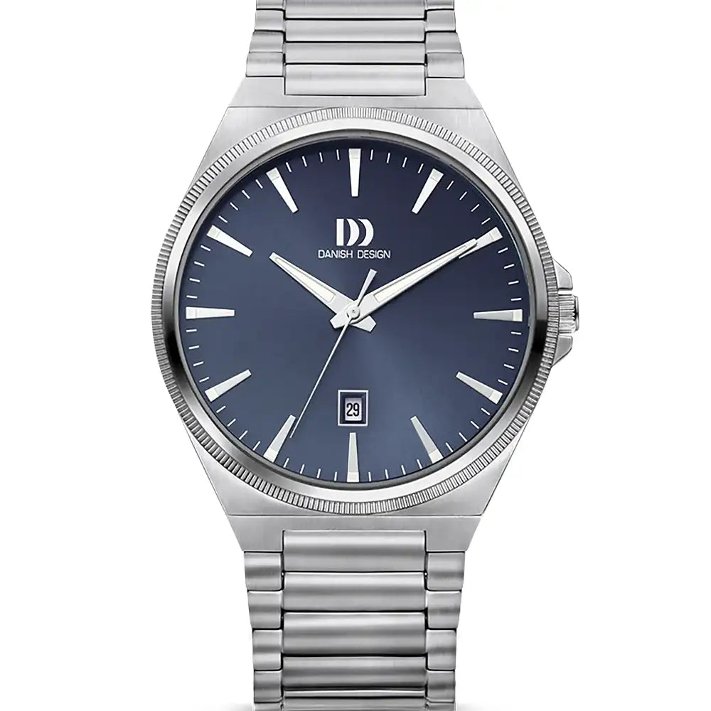 Silberne Armbanduhr mit blauem Zifferblatt, Stabindexen und Datum 29, Metallarmband