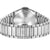 Silberne Armbanduhr mit Metallarmband und Gehäuse, Zifferblatt mit Schriften