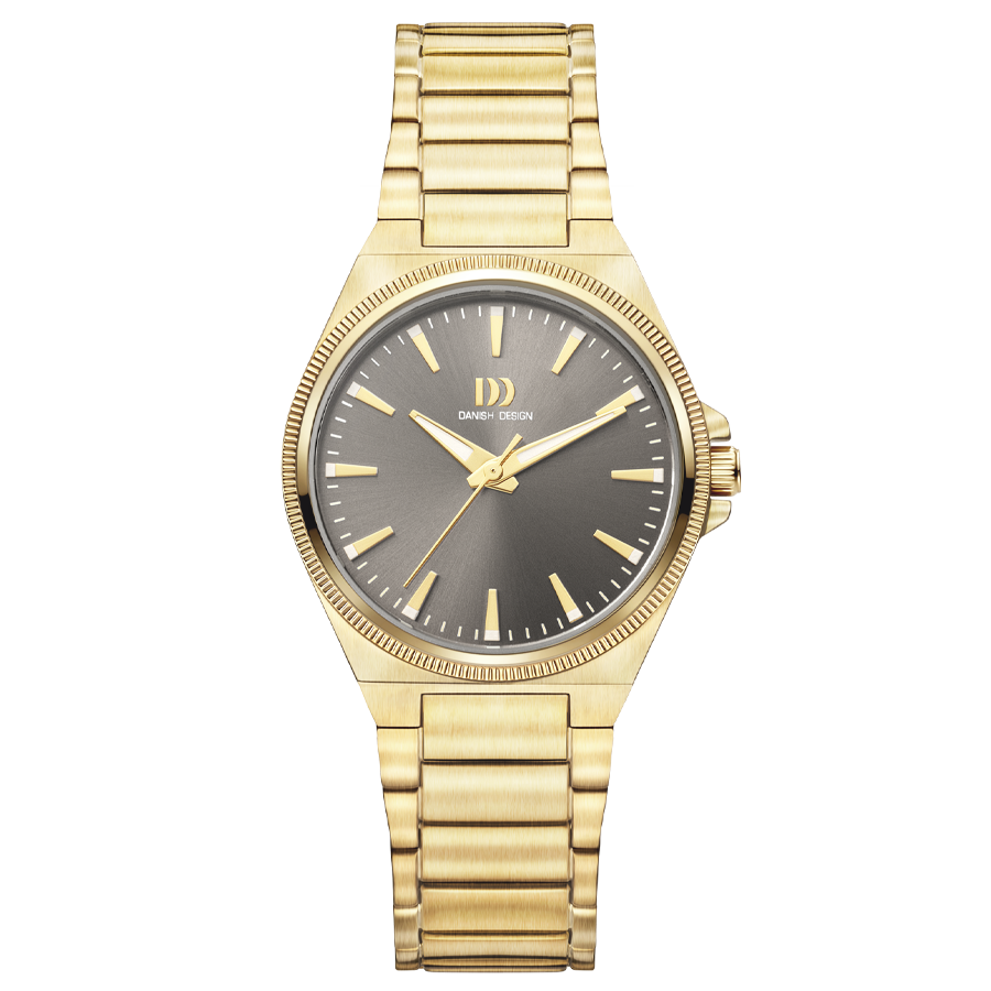 Danish Design Damenuhr mit goldfarbenem Armband und schwarzem Zifferblatt mit Stabmarken