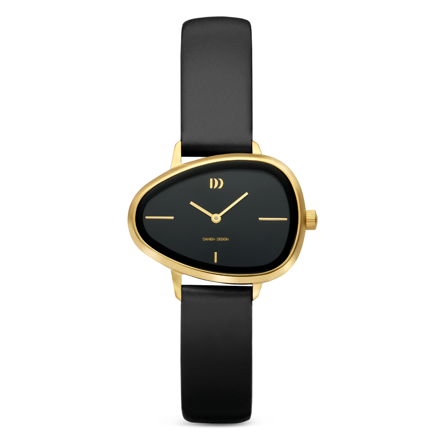 Damenarmbanduhr mit schwarzem Zifferblatt, goldfarbener Lünette und schwarzem Lederband