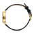 Damenarmbanduhr seitlich: goldfarbener Gehäuserand mit Krone und schwarzem Lederarmband