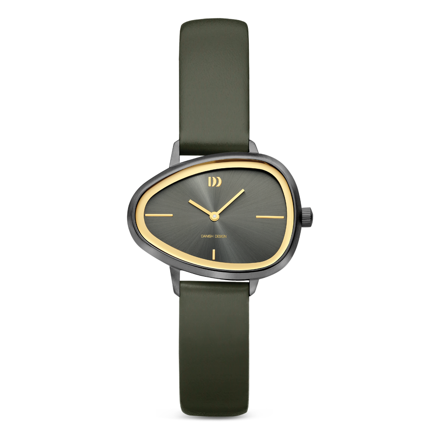 Danish Design Damenarmbanduhr Elvsten mit dunklem Zifferblatt und grünem Lederband