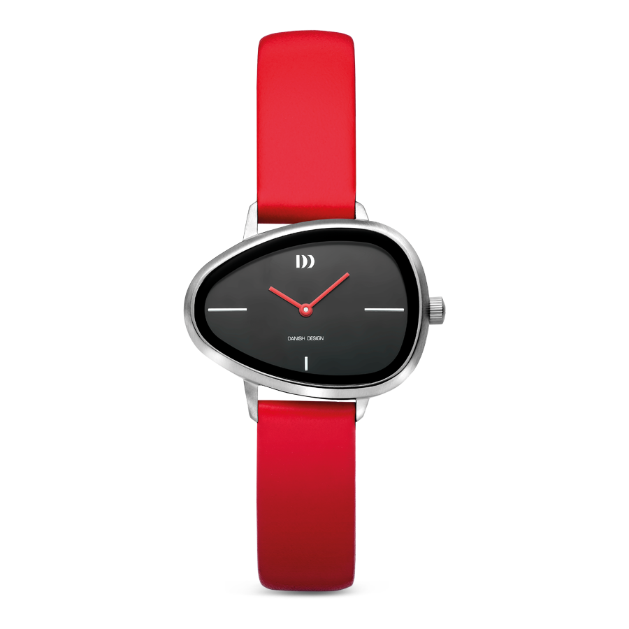 Danish Design Damenuhr: rotes Lederarmband, schwarzes Zifferblatt, Mineralglas